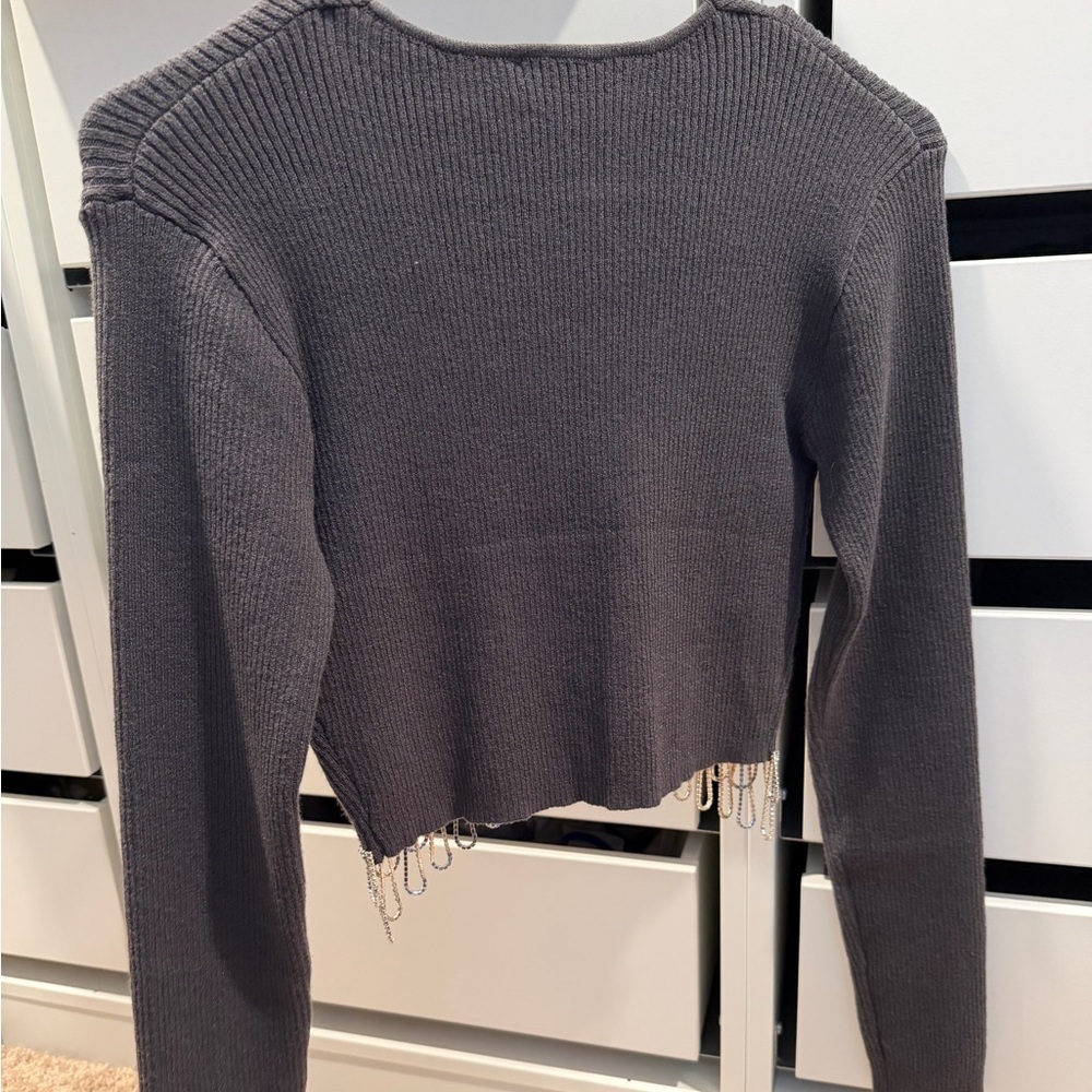 Zara Navy V-Neck Sweater with Beaded Fringe - Picture 3 of 3